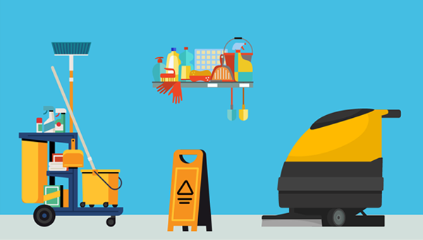 Cartoon image of cleaning equipment and machines